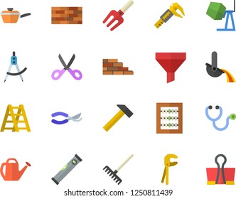 Color flat icon set brick wall flat vector, concrete mixer, tool, ladder, level meter, hammer, saute, scissors, pitchfork, secateurs, rake, watering can, trammel, dividers, metallurgy, funnel
