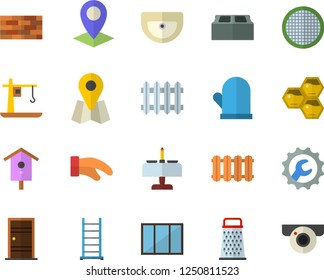 Color flat icon set brick wall flat vector, window, ladder, sink, Entrance door, repair, heating batteries, potholder, sieve, grater, honeycomb, nesting box, crane, radiator, location