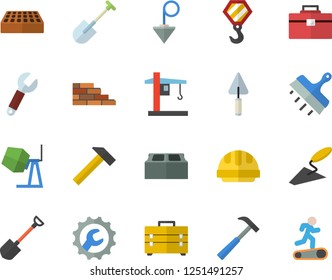 Color flat icon set brick wall flat vector, hook, concrete mixer, trowel, tool bag, hard hat, repair, putty knife, construction plummet, hammer, shovel, crane, wrench, Treadmill