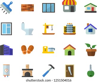 Color flat icon set brick wall flat vector, window, toilet, Entrance door, putty knife, hammer, boiler, food processor, home plant, house, fireplace, crane, store front, office building, slippers