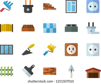 Color flat icon set brick wall flat vector, window, trowel, paint roller, sockets, tile, putty knife, fence, socket, plug, warehouse