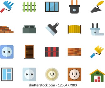 Color flat icon set brick wall flat vector, window, trowel, paint roller, Entrance door, sockets, tile, putty knife, fence, socket, plug, warehouse