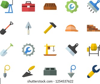 Color flat icon set brick wall flat vector, concrete mixer, trowel, tool bag, hard hat, repair, putty knife, construction plummet, hammer, shovel, crane, wrench
