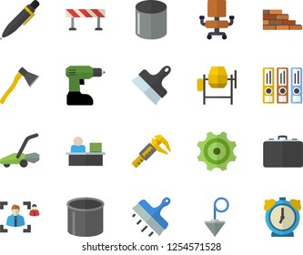 Color flat icon set brick wall flat vector, concrete mixer, drill screwdriver, putty knife, construction plummet, ax, barrier, lawn mower, trammel, cogwheel, pipe production, case, recruitment, pen