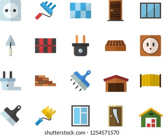 Color flat icon set brick wall flat vector, window, trowel, paint roller, Entrance door, sockets, tile, putty knife, fence, socket, plug, warehouse