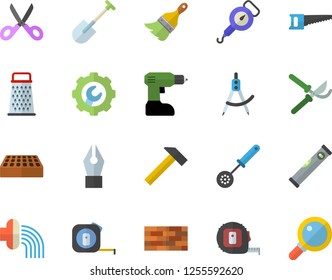 Color flat icon set brick wall flat vector, drill screwdriver, tape measure, paint brush, level meter, repair, hammer, spring balance, kitchen spoon, scissors, grater, shovel, saw, secateurs