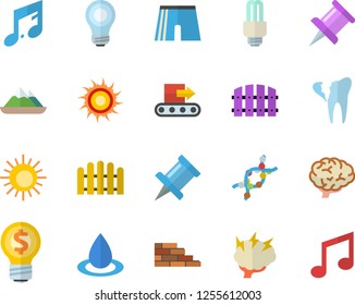 Color flat icon set brick wall flat vector, fence, conveyor, drop, idea, DNA, broken tooth, drawing pin, bulb, energy saving lamp fector, brainstorm, brain, athletic shorts, sun, mountains, note