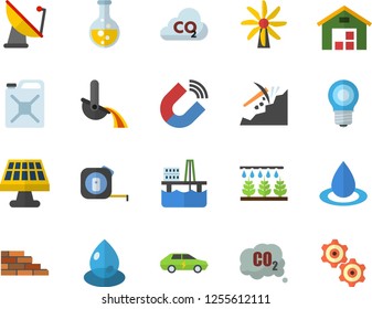 Color flat icon set brick wall flat vector, tape measure, sprinkling machine, oil production platform, solar battery, windmill, chemistry, lamp, drop, canister, electric cars, carbon dioxide, magnet