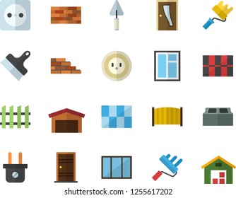 Color flat icon set brick wall flat vector, window, trowel, paint roller, Entrance door, tile, putty knife, fence, socket, plug, warehouse