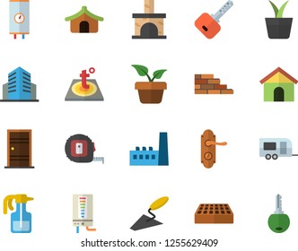 Color flat icon set brick wall flat vector, trowel, tape measure, Entrance door, lock, warm floor, boiler, home plant, pulverizer, fireplace, manufactory, office building, trailer fector, tent, key