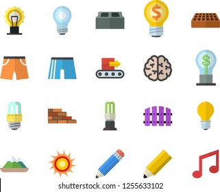 Color flat icon set brick wall flat vector, energy saving lamp, fence, conveyor, idea, pencil, bulb, brain, athletic shorts, sun fector, mountains, note