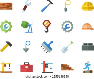 Color flat icon set brick wall flat vector, hook, concrete mixer, tool bag, hard hat, repair, putty knife, construction plummet, hammer, shovel, crane, wrench, Treadmill