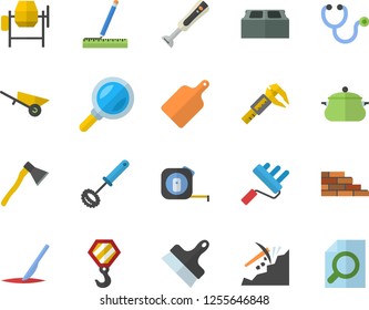 Color flat icon set brick wall flat vector, hook, concrete mixer, wheelbarrow, tape measure, paint roller, putty knife, ax, saucepan, whisk, cutting board, blender, trammel, mining, magnifier