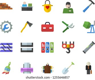 Color flat icon set brick wall flat vector, hook, concrete mixer, level meter, repair, ax, hammer, apron, shovel, secateurs, paint brush, telephone operator, briefcase, folder, office worker