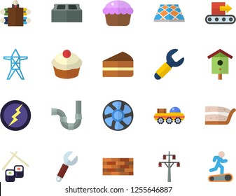 Color flat icon set brick wall flat vector, pipes, flooring, cupcake, piece of cake, fish rolls, nesting box, ventilation, power line support, conveyor, wrench, meeting, lightning, lunar rover