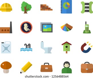 Color flat icon set brick wall flat vector, color scheme, toilet, hard hat, mushroom, nesting box, tree, manufactory, canister, magnet, book balance accounting, briefcase, embryo, telephone, pencil