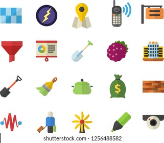 Color flat icon set brick wall flat vector, paint brush, tile, saucepan, blackberry, shovel, windmill, signboard, funnel, location, marker, phone call, wealth, chart, lightning, luggage, hotel