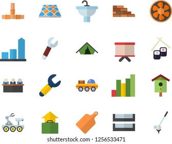 Color flat icon set brick wall flat vector, sink, pipes, flooring, cutting board, fish rolls, nesting box, ventilation, wrench, chart, flipchart, meeting, paper tray, lunar rover, tent fector, golf