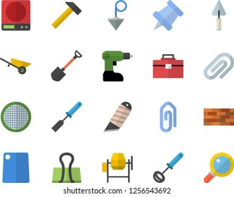 Color flat icon set brick wall flat vector, concrete mixer, trowel, wheelbarrow, drill screwdriver, tool bag, construction plummet, stationery knife, hammer, weighing machine, kitchen spatula, whisk