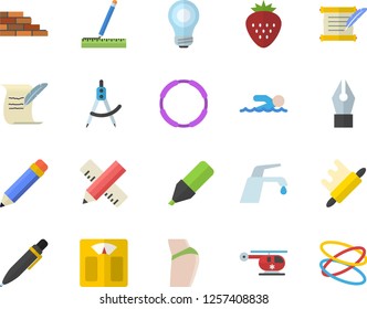 Color flat icon set brick wall flat vector, measure, faucet, rolling pin, Strawberry, dividers, marker, helicopter, ink pen, pencil, bulb, hostory roll, weighing machine, buttocks, swimming, hoop