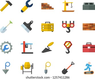 Color flat icon set brick wall flat vector, hook, concrete mixer, trowel, tool bag, repair, putty knife, construction plummet, hammer, shovel, crane, wrench, Treadmill