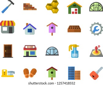 Color flat icon set brick wall flat vector, Entrance door, skyscraper, repair, warm floor, hammer, food processor, honeycomb, nesting box, pulverizer, grain warehouse, house, greenhouse, store front