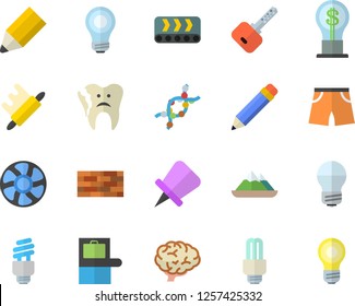 Color flat icon set brick wall flat vector, energy saving lamp, rolling pin, ventilation, conveyor, idea, DNA, broken tooth, pencil, bulb, fector, brain, athletic shorts, baggage claim, mountains