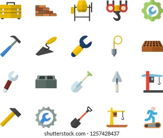 Color flat icon set brick wall flat vector, hook, concrete mixer, trowel, tool bag, repair, construction plummet, hammer, shovel, crane, wrench, Treadmill