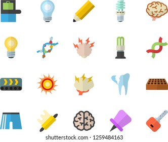 Color flat icon set brick flat vector, rolling pin, conveyor, energy saving lamp, DNA, broken tooth, pencil, bulb, brainstorm, brain, athletic shorts, baggage claim fector, sun, drawing, key