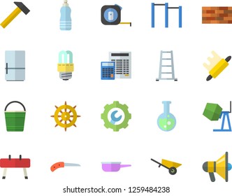 Color flat icon set brick wall flat vector, concrete mixer, wheelbarrow, tape measure, energy saving lamp, calculator, repair, hammer, saute, rolling pin, fridge, knife, bucketful, ladder, flask