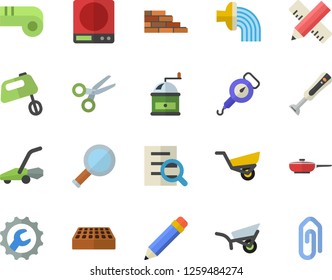 Color flat icon set brick wall flat vector, measure, repair, frying pan, weighing machine, spring balance, coffee grinder, mixer, blender, hose irrigation, garden wheelbarrow, lawn mower, magnifier