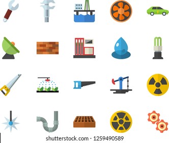 Color flat icon set brick wall flat vector, saw, pipes, sprinkling machine, oil production platform, ventilation, pumping, gas station, radiation, energy saving lamp, drop, electric cars, laser