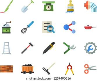 Color flat icon set brick wall flat vector, repair, ax, frying pan, weighing machine, whisk, coffee grinder, shovel, secateurs, paint brush, rake, hose irrigation, ladder, dividers, mining, scalpel
