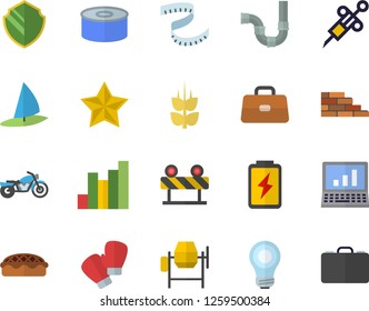 Color flat icon set brick wall flat vector, concrete mixer, pipes, barrier, canned food, pie, ear, battery, chart, syringe, briefcase, bulb, computer, centimeter, boxing gloves, motorcycle fector