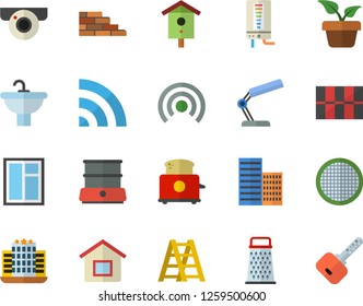 Color flat icon set brick wall flat vector, window, ladder, sink, skyscraper, tile, boiler, toaster, double, sieve, grater, nesting box, home plant, reading lamp, hotel fector, surveillance camera