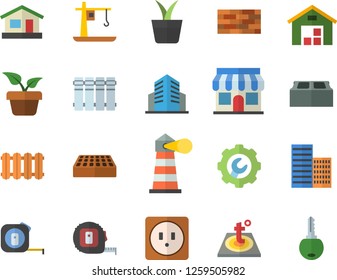 Color flat icon set brick wall flat vector, tape measure, sockets, skyscraper, repair, warm floor, heating batteries, home plant, house, crane, store front, lighthouse, warehouse, office building