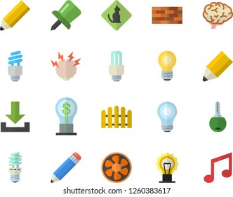 Color flat icon set brick wall flat vector, fence, ventilation, energy saving lamp, idea, drawing pin, pencil, bulb, fector, brainstorm, brain, pets allowed, download, key, note