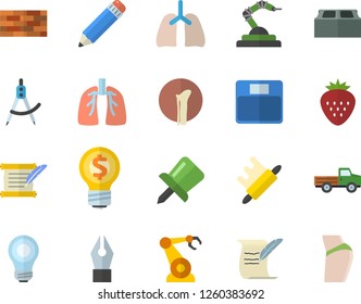 Color flat icon set brick wall flat vector, rolling pin, Strawberry, pickup truck, robotics, dividers, idea, bone fracture, lungs, drawing, ink pen, pencil, bulb, hostory roll, weighing machine