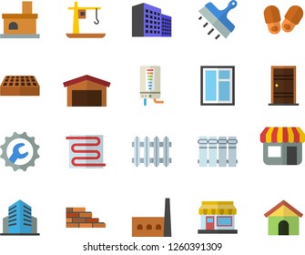 Color flat icon set brick wall flat vector, window, Entrance door, repair, putty knife, warm floor, heating batteries, boiler, grain warehouse, fireplace, manufactory, crane, radiator, store front