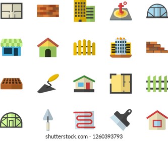 Color flat icon set brick wall flat vector, trowel, house layout, skyscraper, putty knife, fence, warm floor, greenhouse, hotel fector, shop