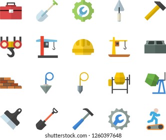 Color flat icon set brick wall flat vector, hook, concrete mixer, trowel, tool bag, hard hat, repair, putty knife, construction plummet, hammer, shovel, crane, Treadmill