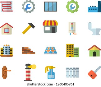 Color flat icon set brick wall flat vector, window, toilet, door lock, skyscraper, repair, flooring, warm floor, heating batteries, hammer, boiler, pulverizer, manufactory, store front, lighthouse