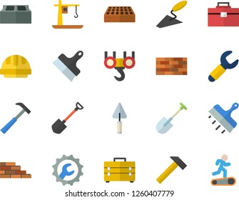 Color flat icon set brick wall flat vector, hook, trowel, tool bag, hard hat, repair, putty knife, hammer, shovel, crane, wrench, Treadmill