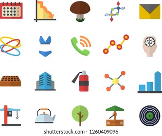 Color flat icon set brick flat vector, teapot, mushroom, well, tree, crane, crisis, chart, phone call, scatter, calendar, office building, molecule, dna, brain fector, swimsuit, hoop, envelope