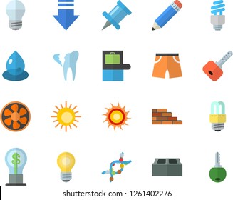 Color flat icon set brick wall flat vector, energy saving lamp, ventilation, drop, idea, DNA, broken tooth, pencil, bulb, fector, athletic shorts, baggage claim, sun, download, drawing pin, key