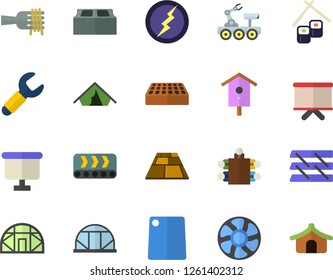 Color flat icon set brick flat vector, flooring, cutting board, spaghetti on a fork, fish rolls, nesting box, greenhouse, ventilation, conveyor, wrench, flipchart, meeting, paper tray, lightning