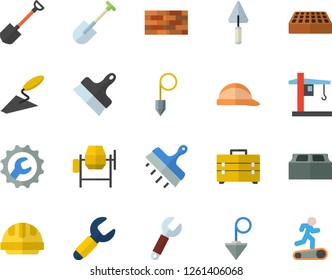 Color flat icon set brick wall flat vector, concrete mixer, trowel, tool bag, hard hat, repair, putty knife, construction plummet, shovel, crane, wrench, Treadmill