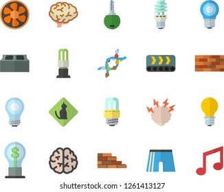 Color flat icon set brick wall flat vector, energy saving lamp, ventilation, conveyor, idea, DNA, bulb, brainstorm, brain, athletic shorts, pets allowed fector, key, note