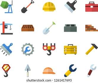 Color flat icon set brick wall flat vector, hook, concrete mixer, trowel, tool bag, hard hat, repair, putty knife, hammer, shovel, crane, wrench