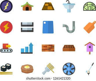 Color flat icon set brick wall flat vector, sink, pipes, flooring, cutting board, spaghetti on a fork, fish rolls, pancakes, nesting box, greenhouse, ventilation, conveyor, paper tray, lightning